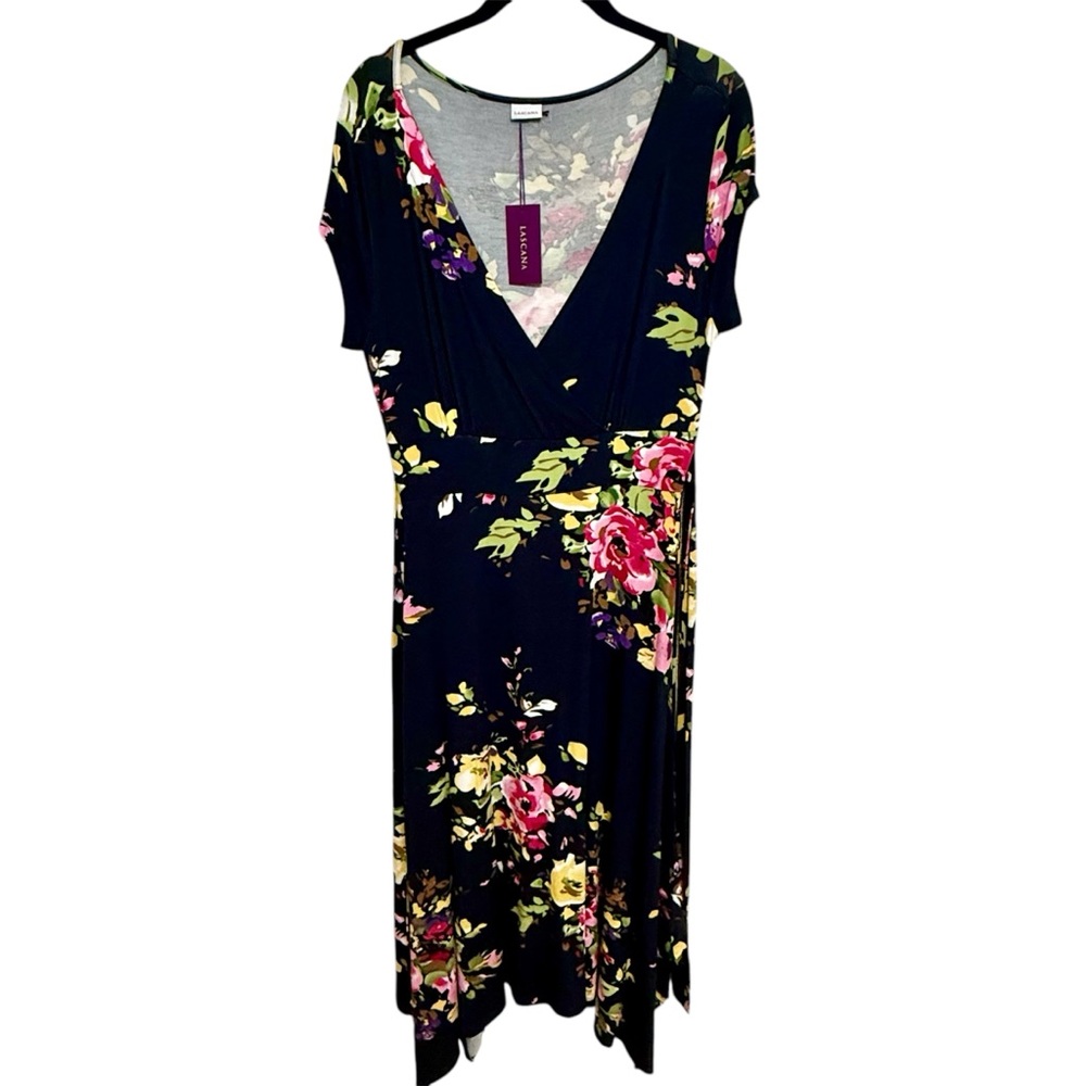 Lascana Sz-8 Navy Floral Handkerchief Hem V-Neck Midi Dress Ties Full Skirt NEW